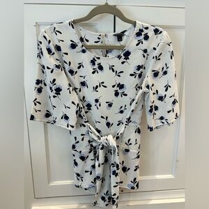 Ann Taylor Navy Floral Peplum Tie Blouse